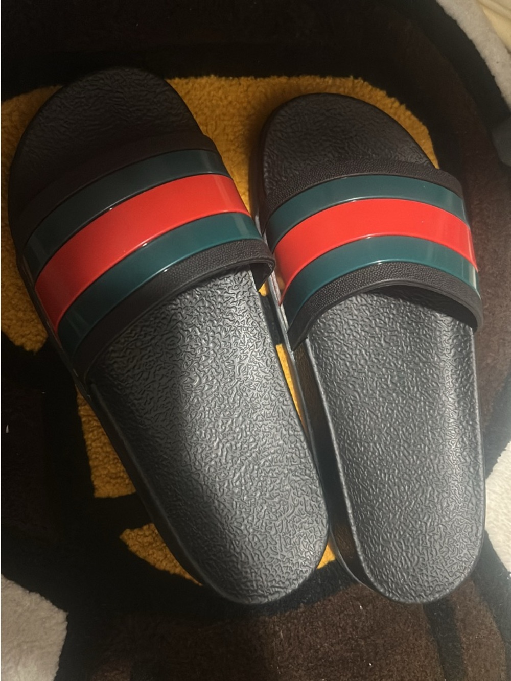 Gucci Women's Black Slide Sandals with Red and Green Stripes